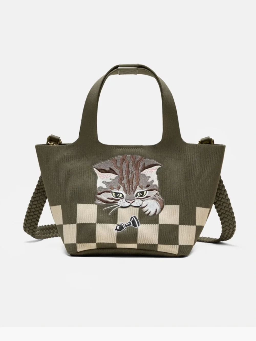 NEW Vivaia The Mini Tote Anita Army Green Checker Board Cat Crossbody Bag